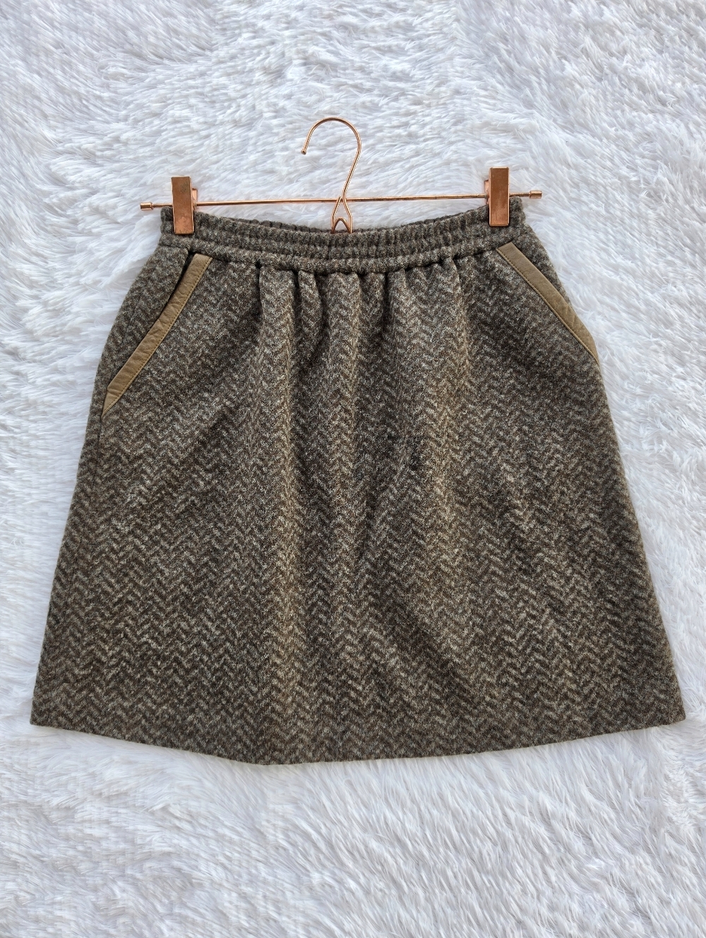 J. Crew‎ Brown Herringbone Wool Blend Leather Trim Mini Bell Skirt